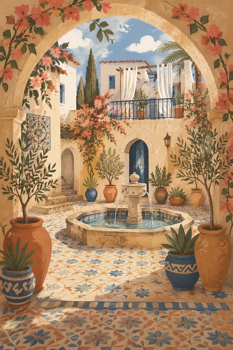 Mediterranean Courtyard Fountain with Arched Walkway