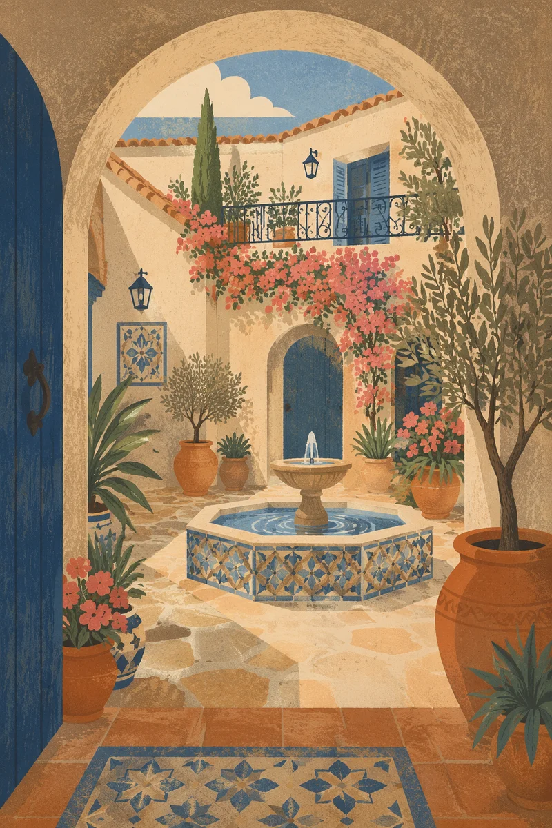Mediterranean Courtyard Garden with Tiled Fountain