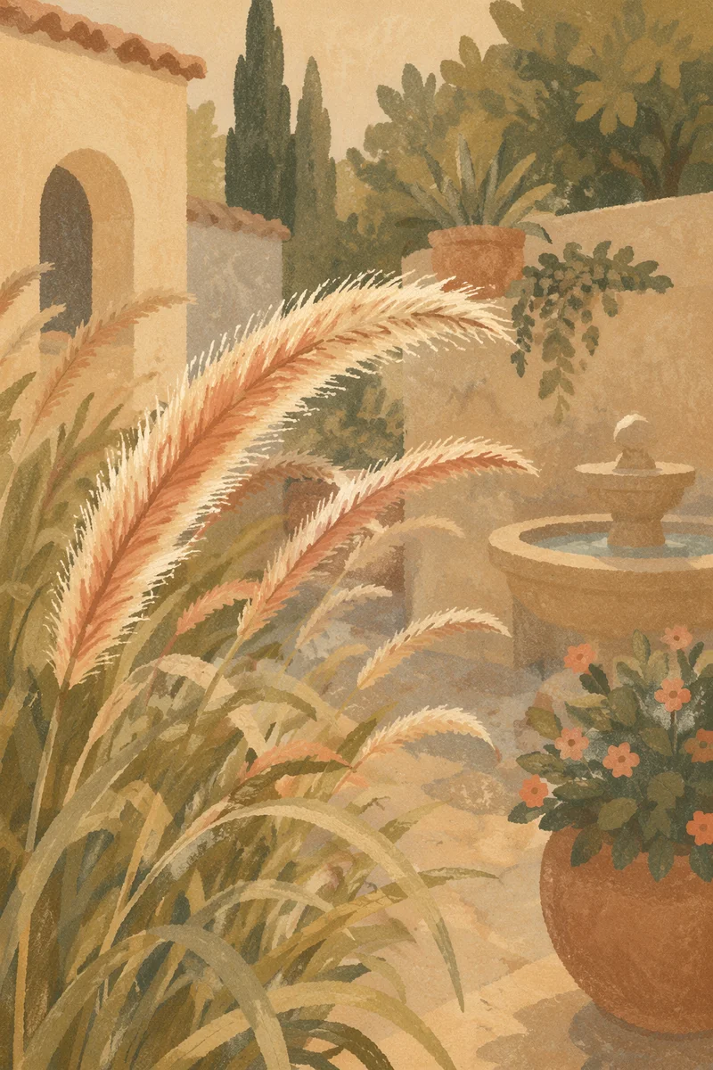 Mediterranean Courtyard Fountain Grass in Warm Light
