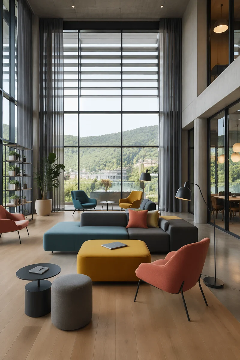 Modern Coworking Lounge with Colorful Seating