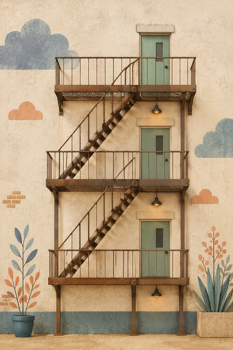Urban Fire Escape on Stucco Facade