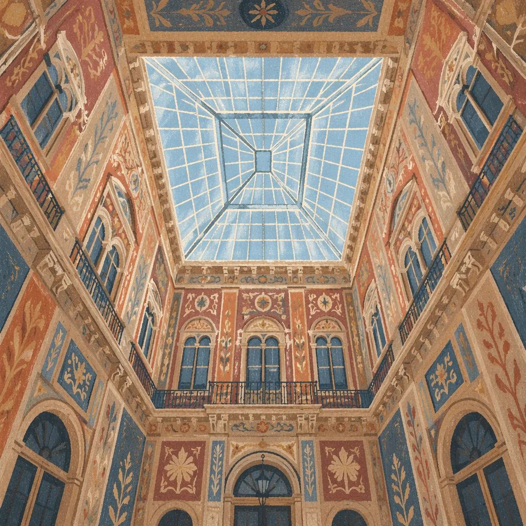 Historic Atrium Beneath Geometric Glass Ceiling