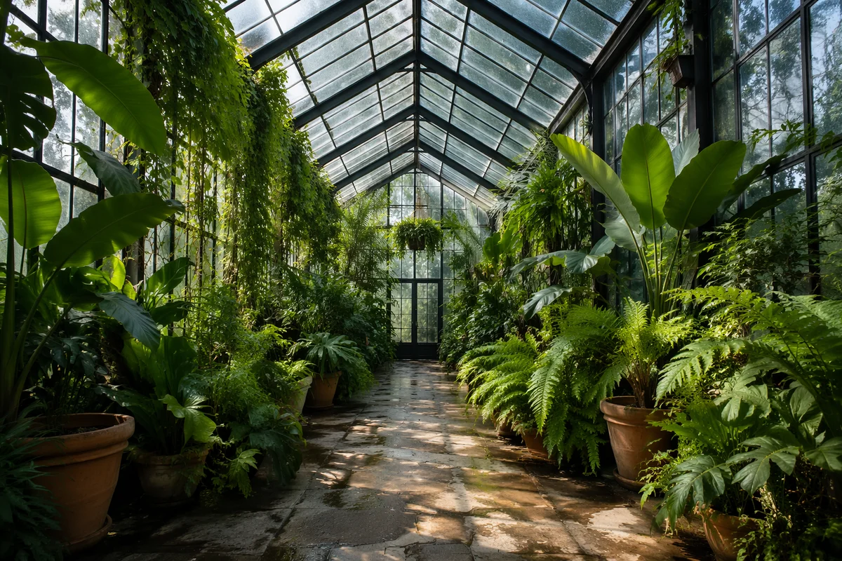 Lush Tropical Greenhouse Interior Walkway