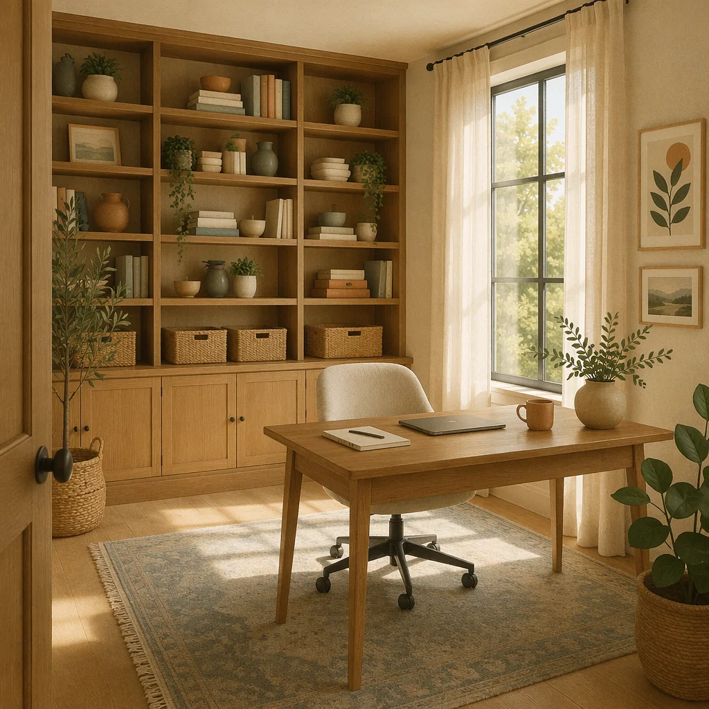 Serene Home Office with Built-In Bookshelves