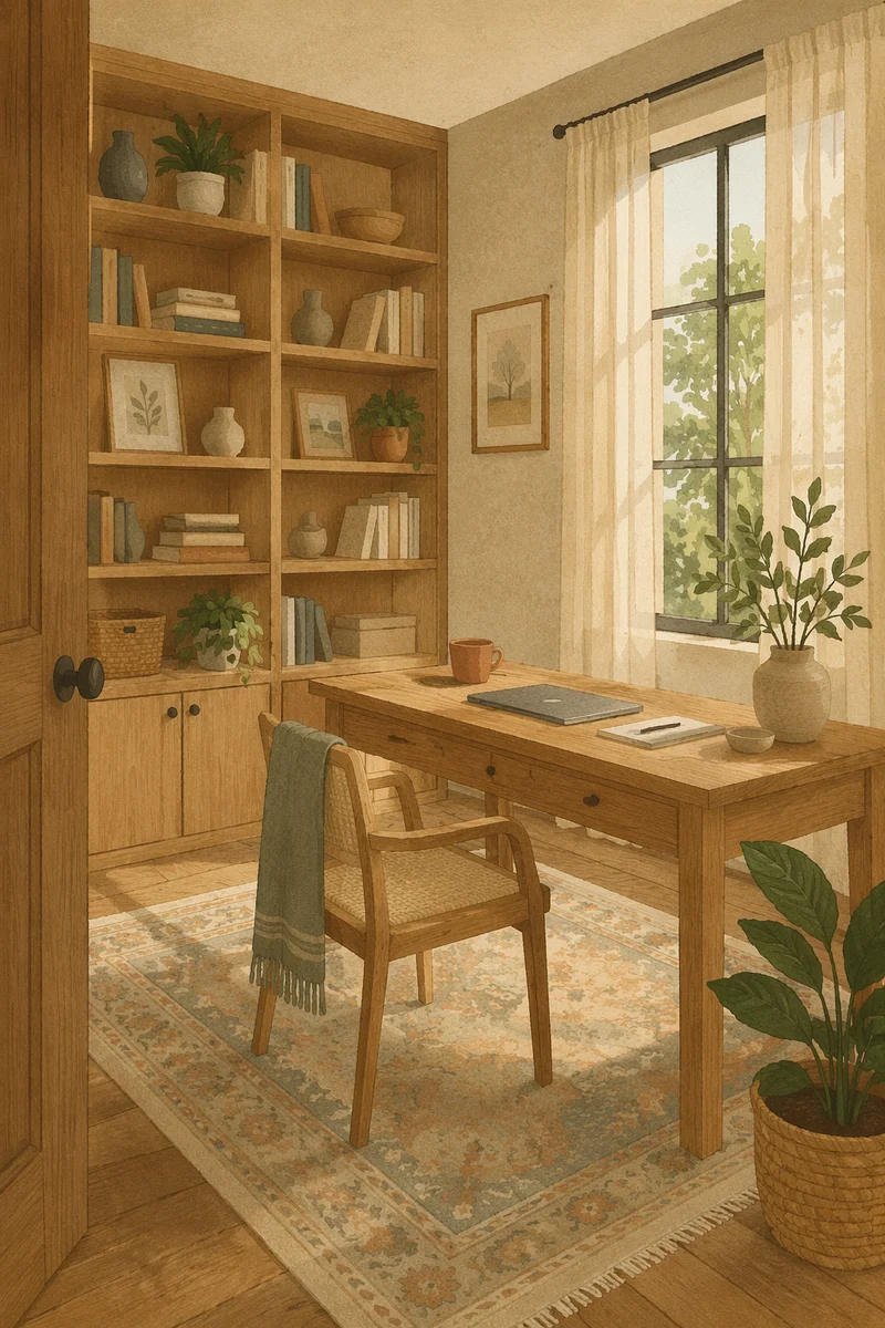 Serene Home Office with Bookshelves and Light