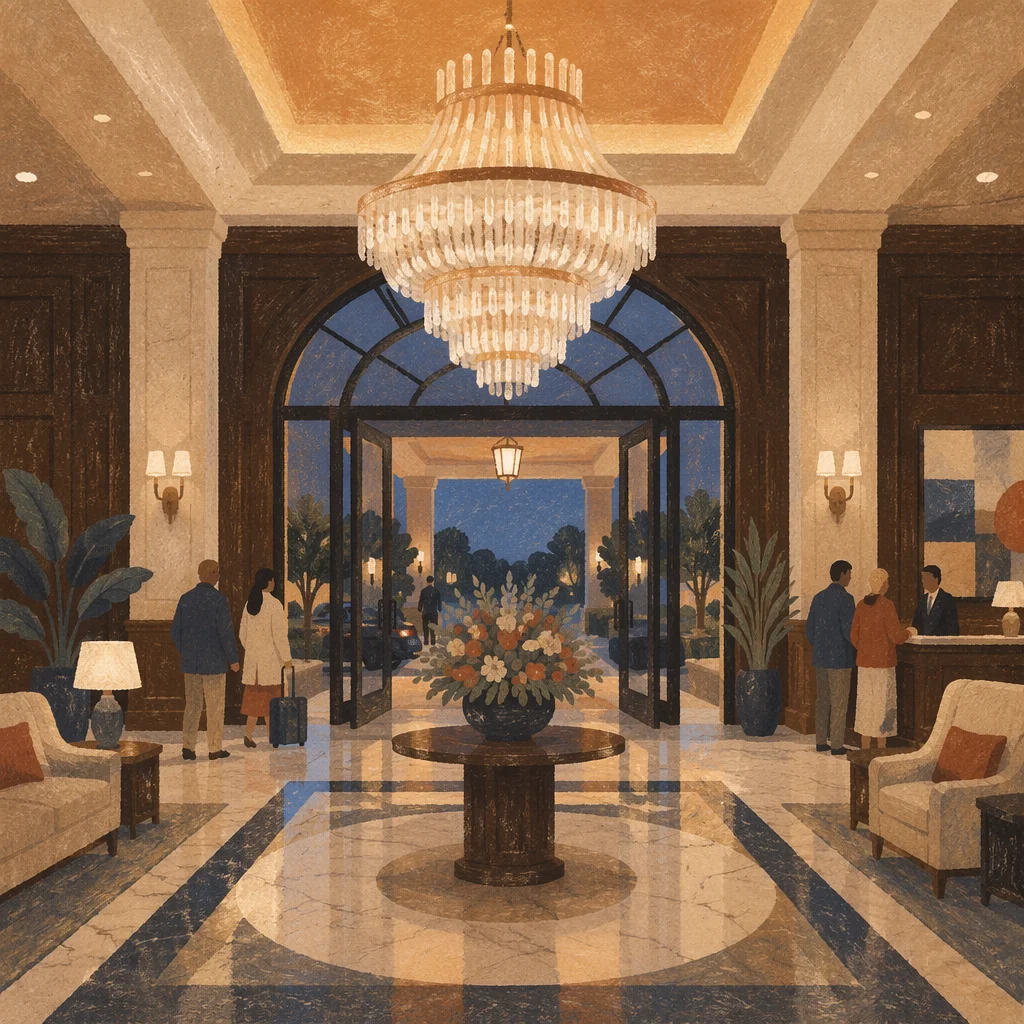 Grand Chandelier Hotel Lobby at Dusk