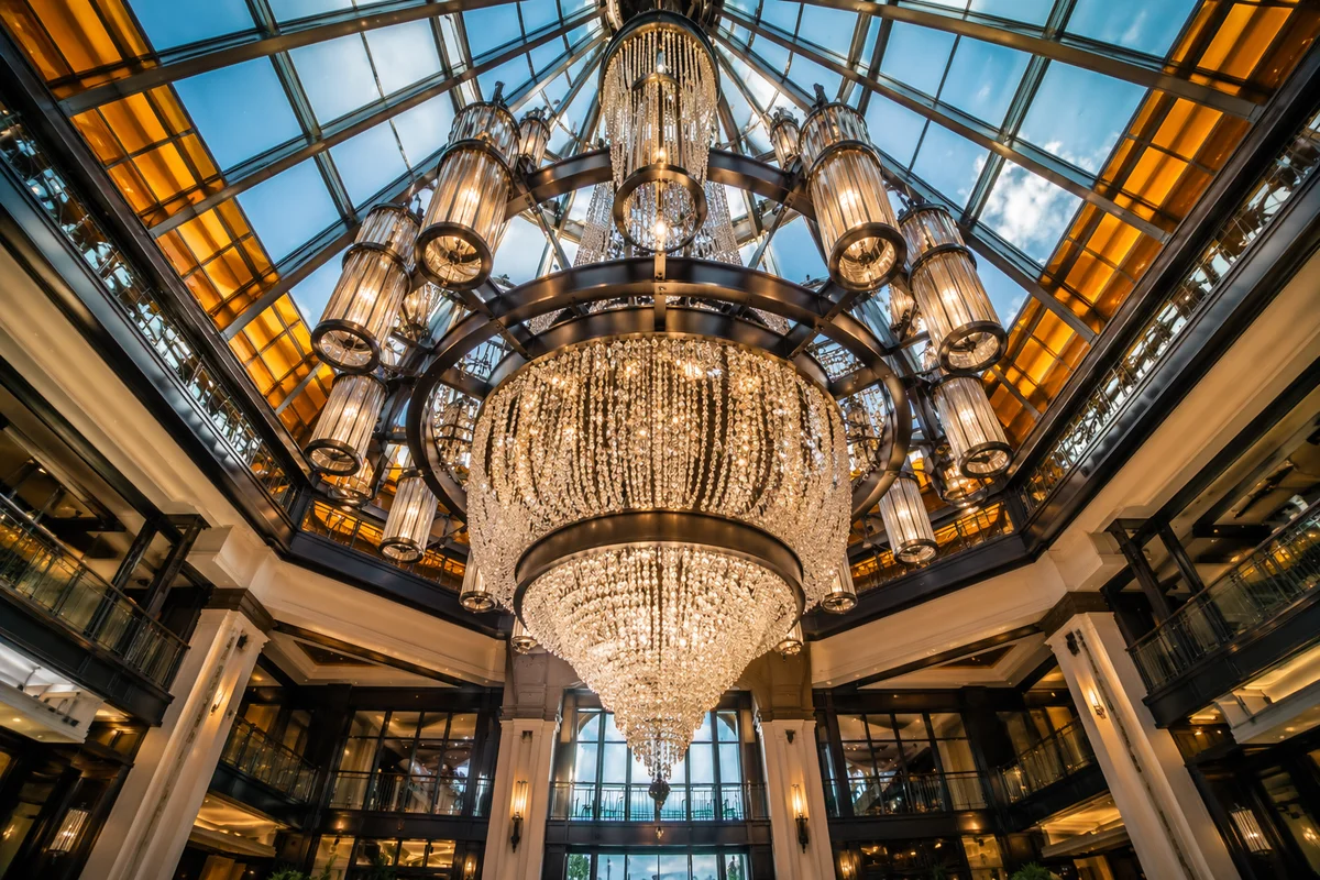 Grand Chandelier in Elegant Hotel Lobby