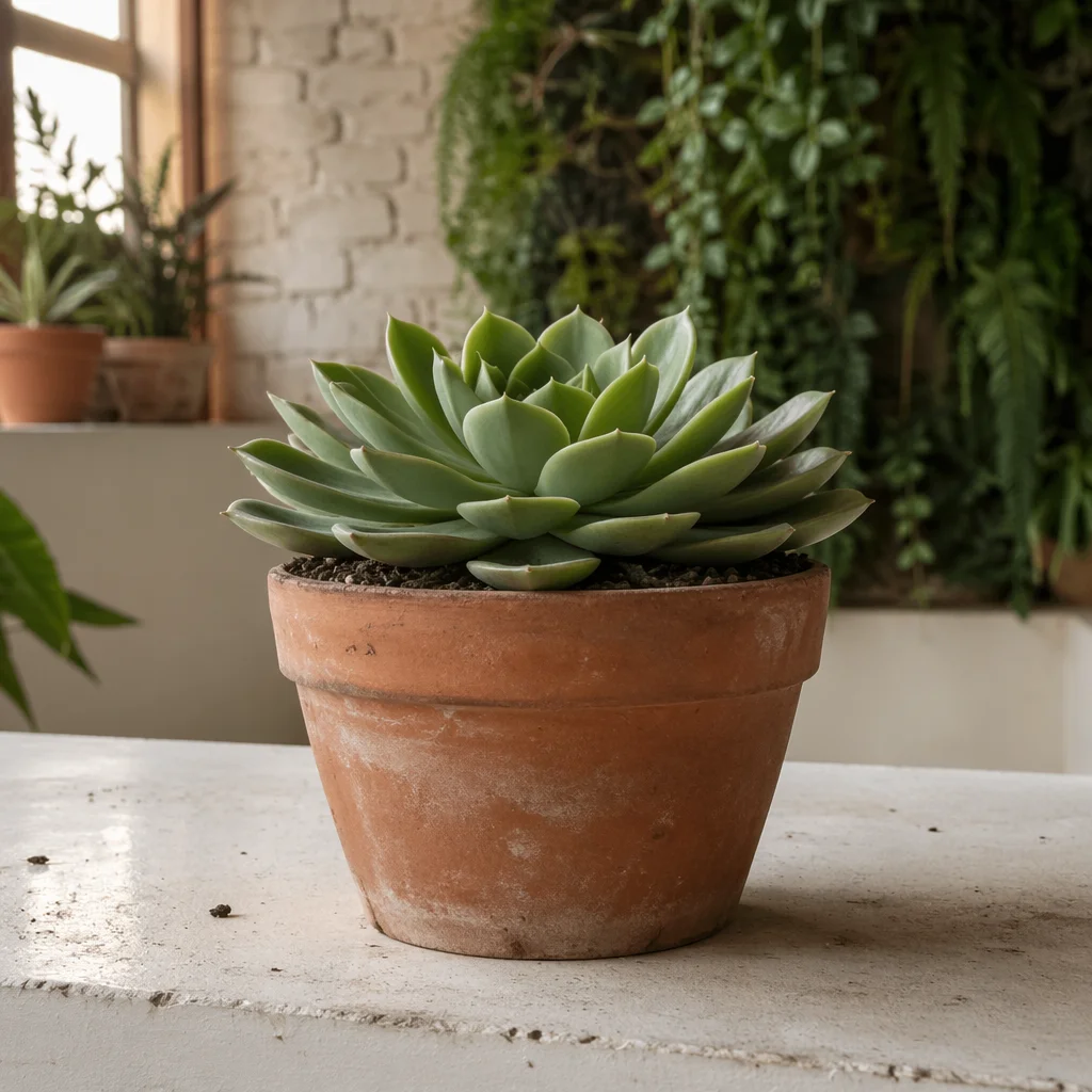Succulent on Shelf with Living Plant Wall