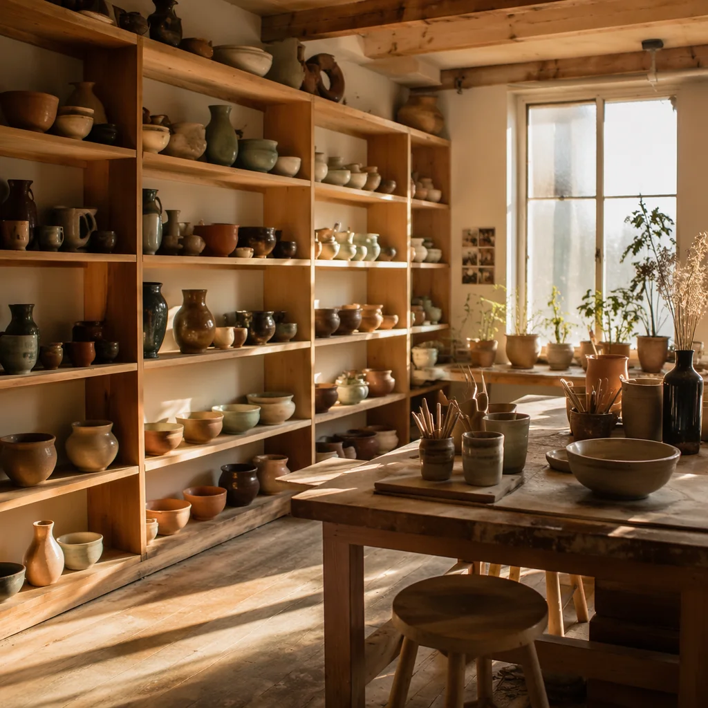 Warm Pottery Studio Shelves at Golden Hour