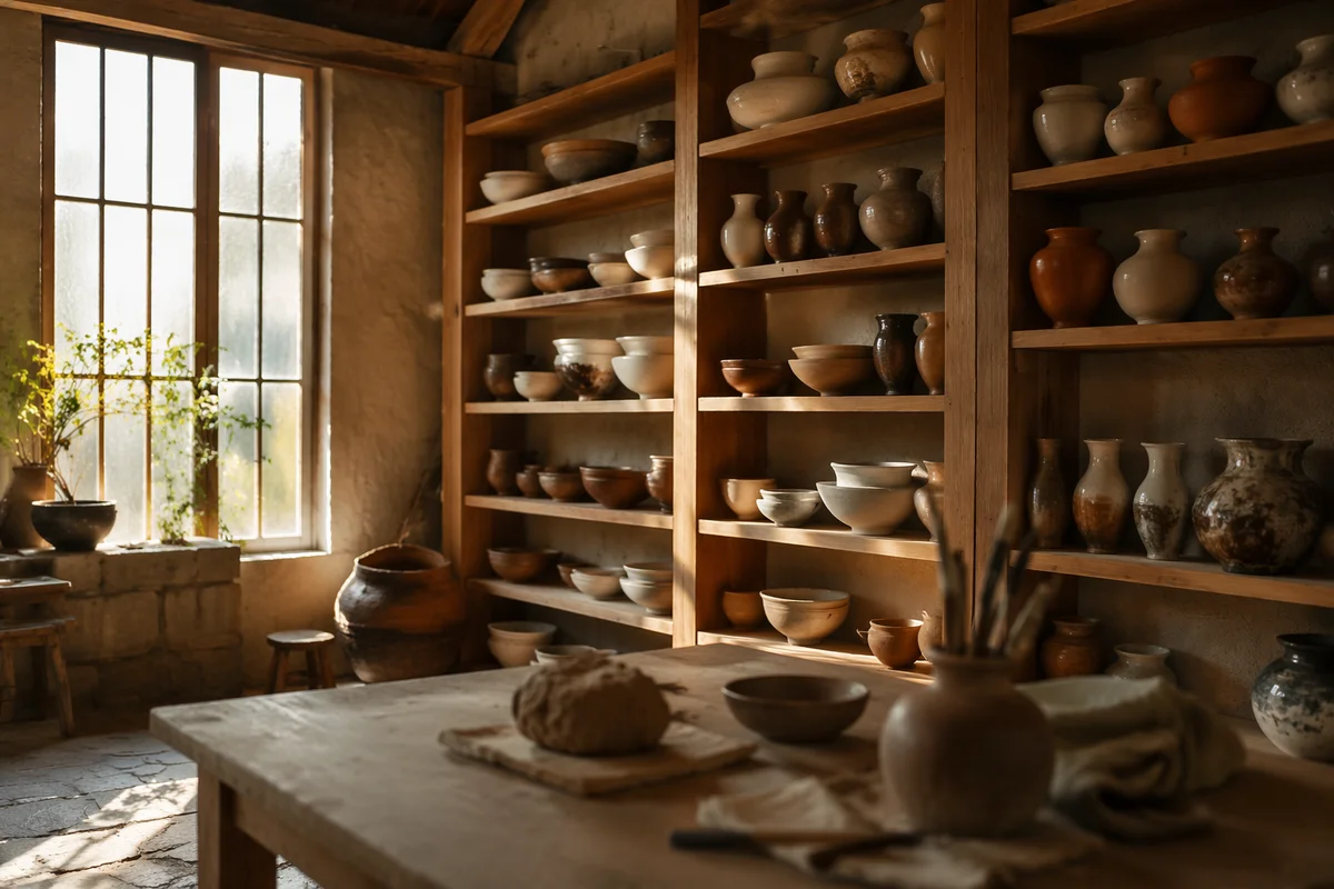 Warm Pottery Studio Shelves at Sunset