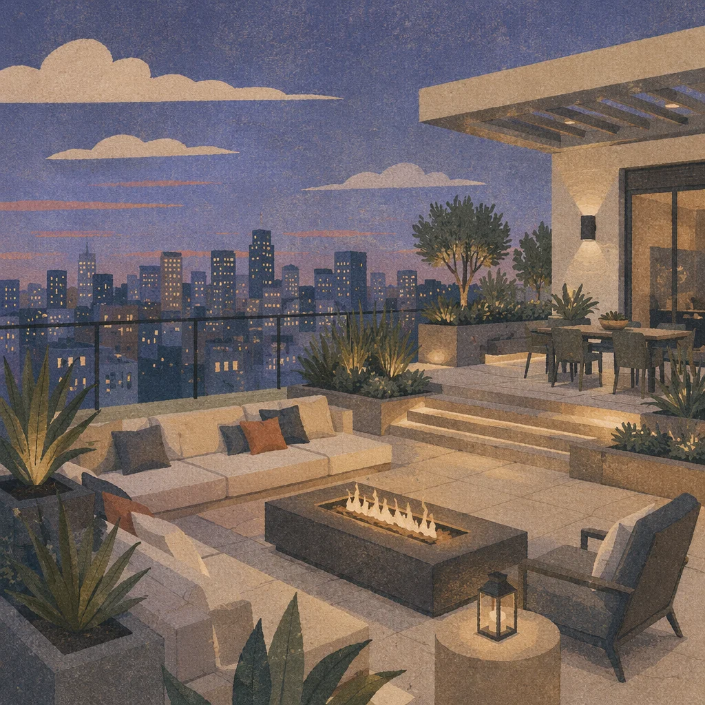 Elegant Rooftop Terrace at Blue Hour