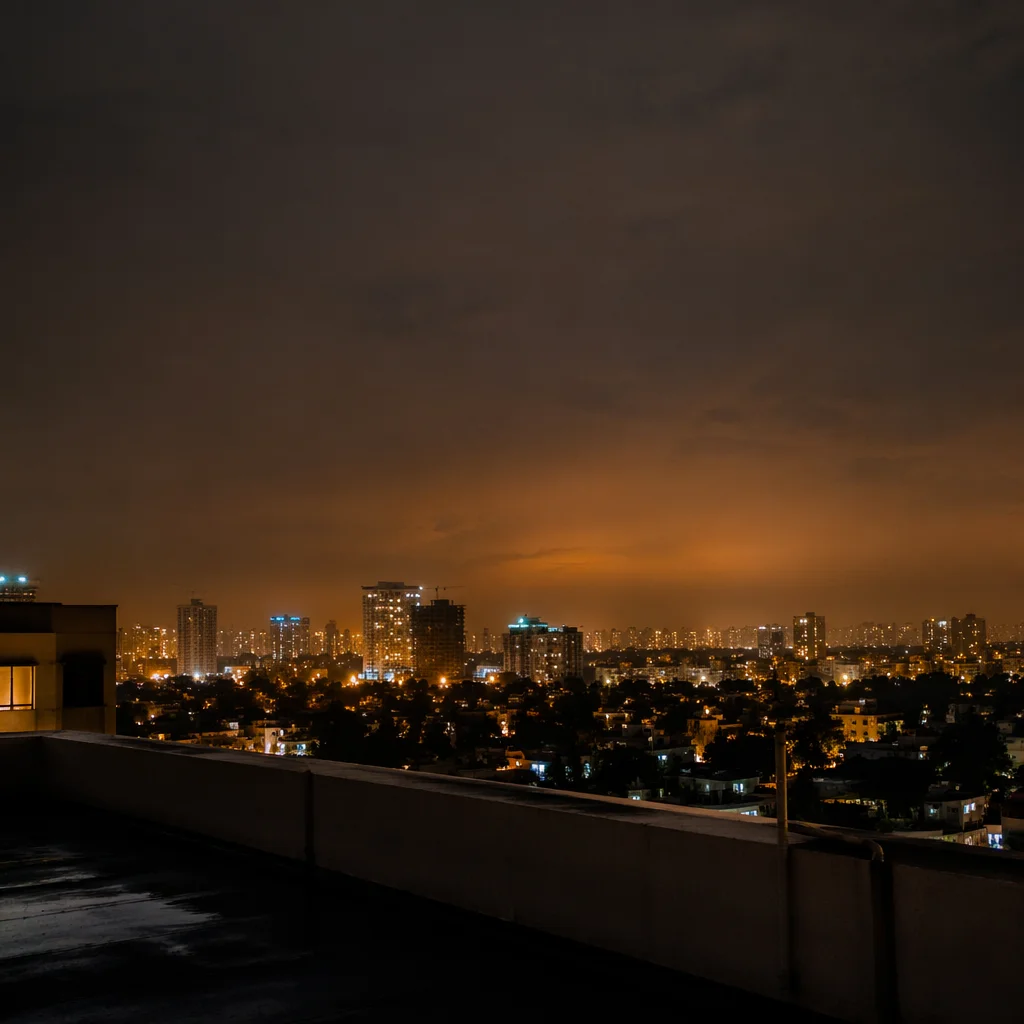 Moody Rooftop Terrace City Skyline Evening