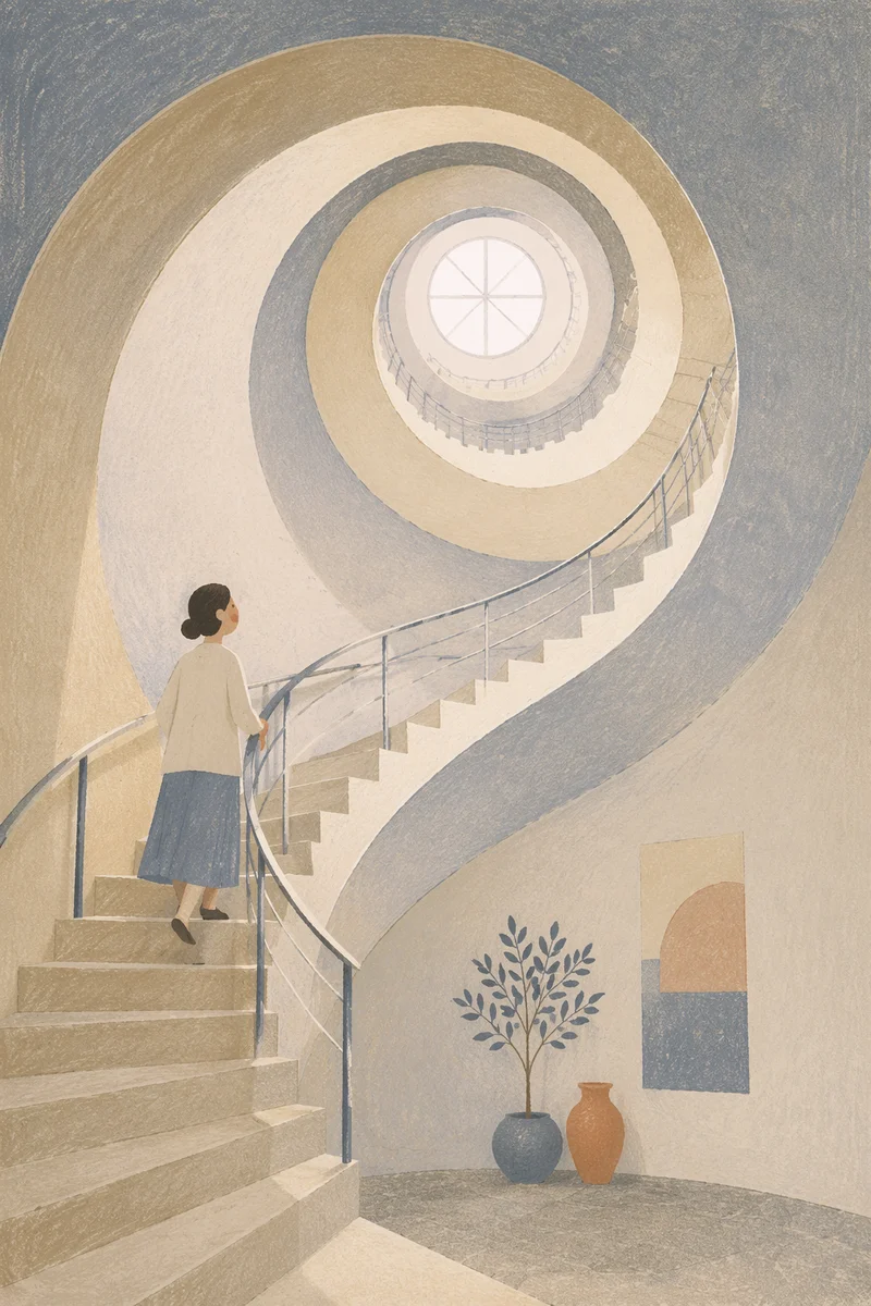 Modern Spiral Staircase Overhead Atrium View