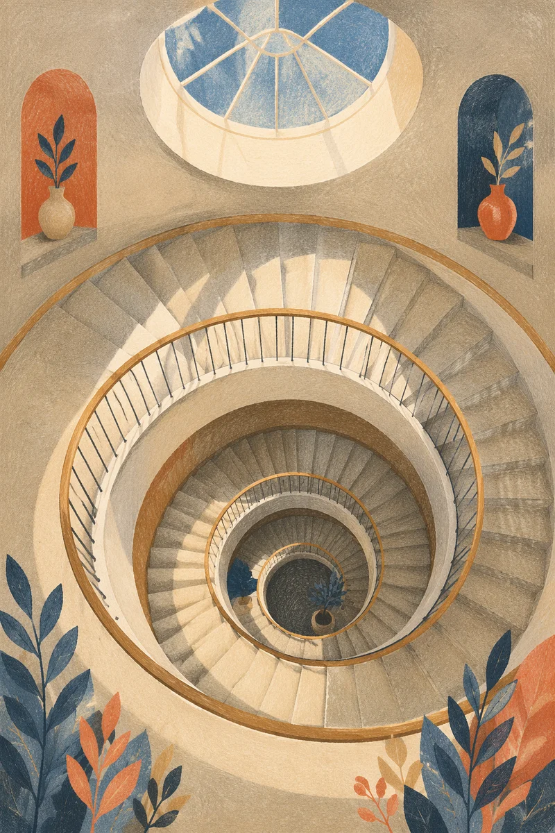 Modern Spiral Staircase Overhead Atrium View
