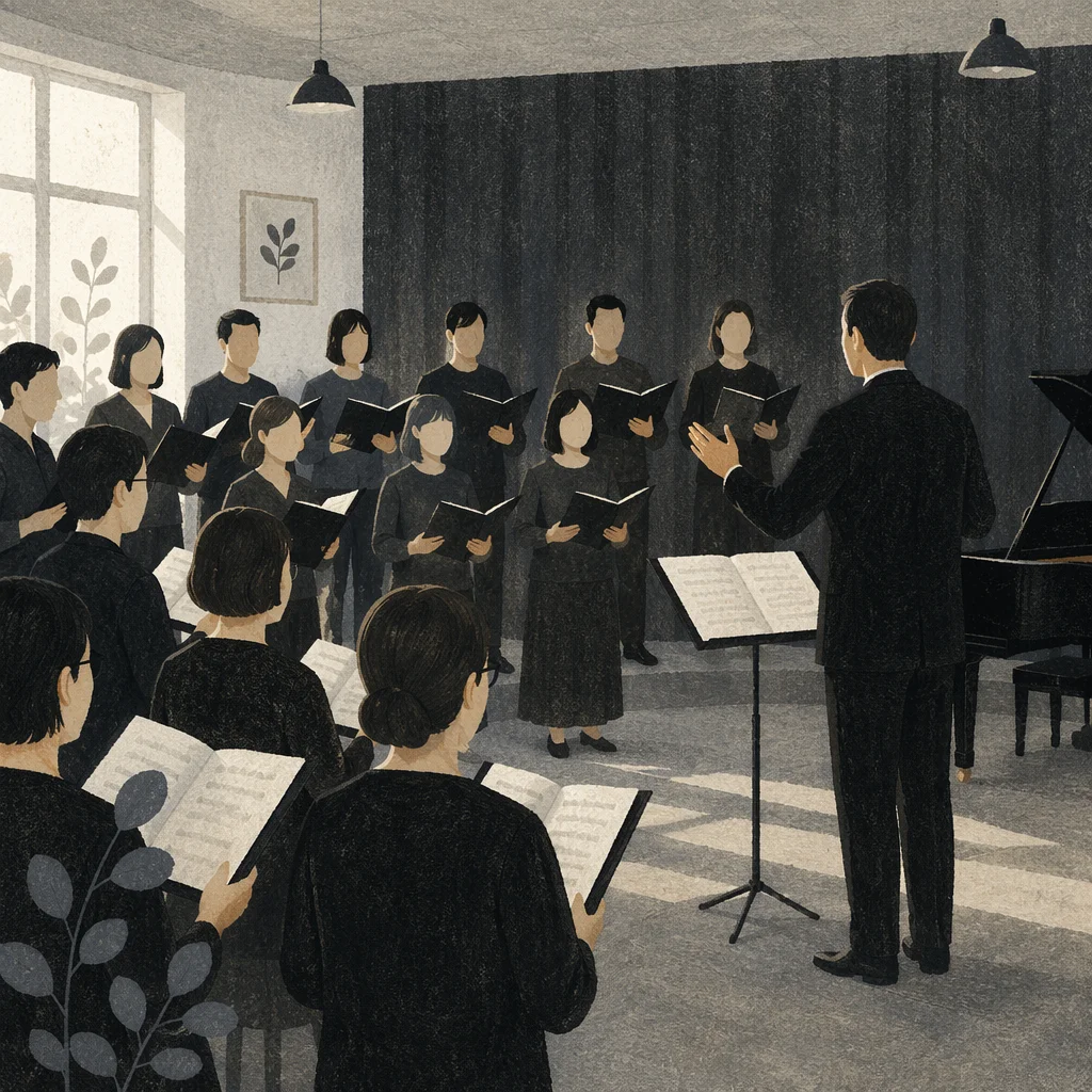 Korean Church Choir Rehearsal with Music Stands