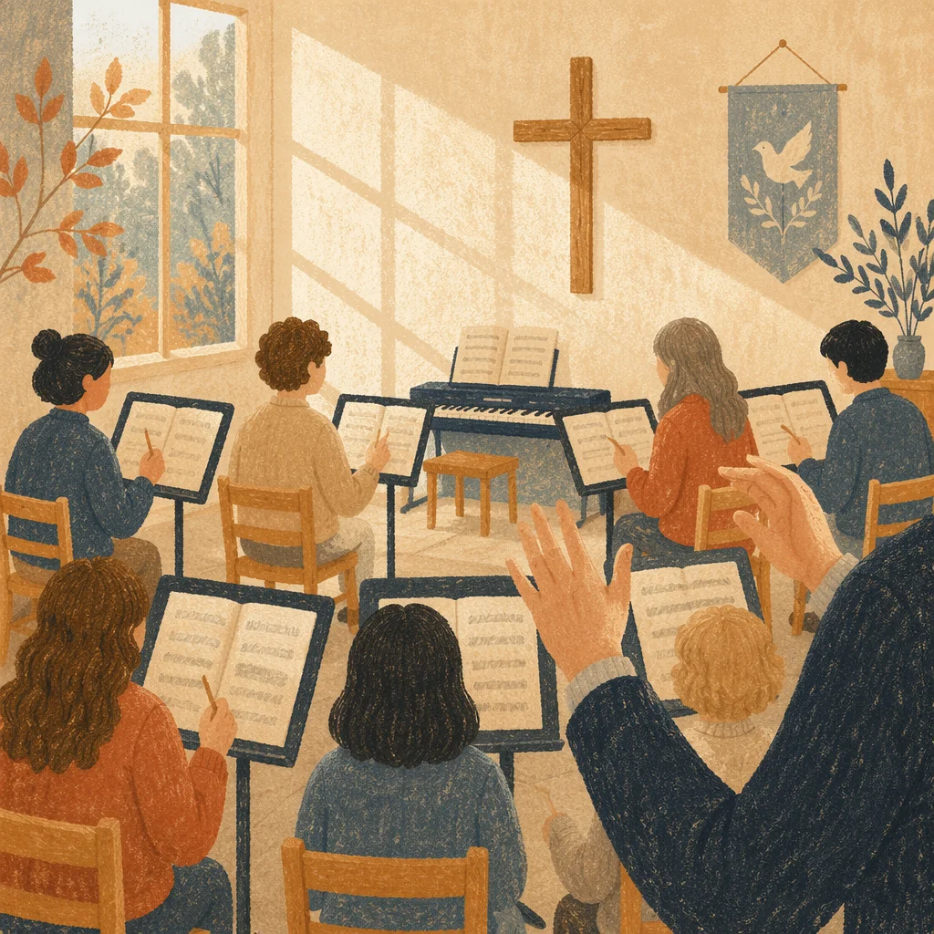 Korean Church Choir Rehearsal with Music Stands