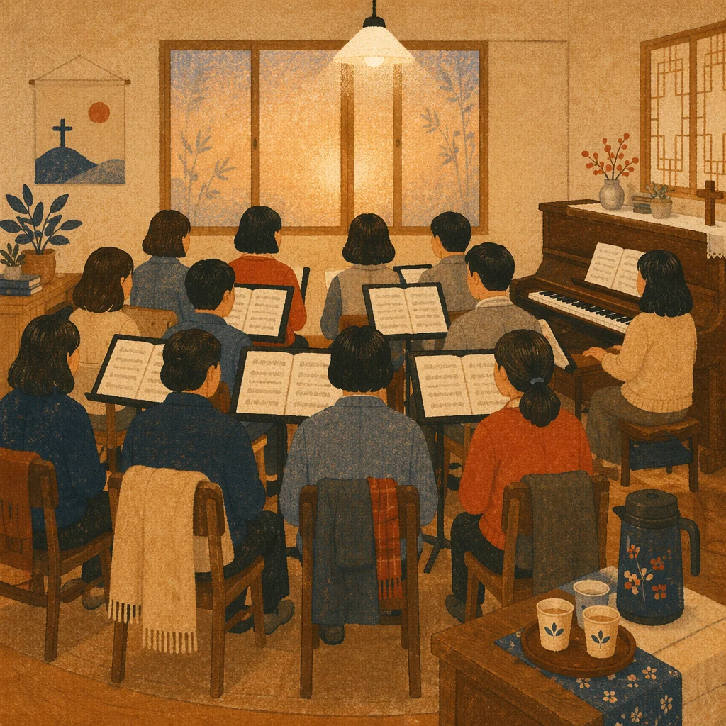 Korean Church Choir Rehearsal with Music Stands