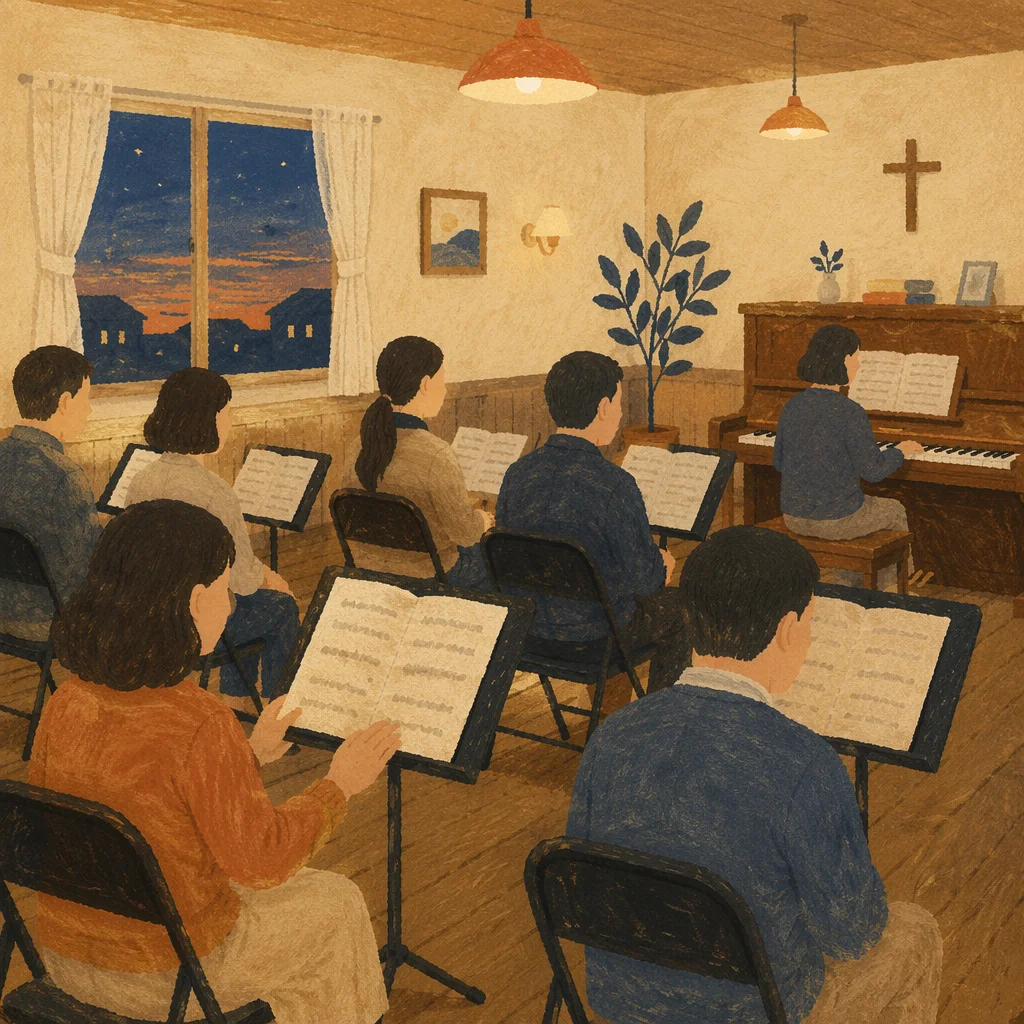 Korean Church Choir Rehearsal with Music Stands