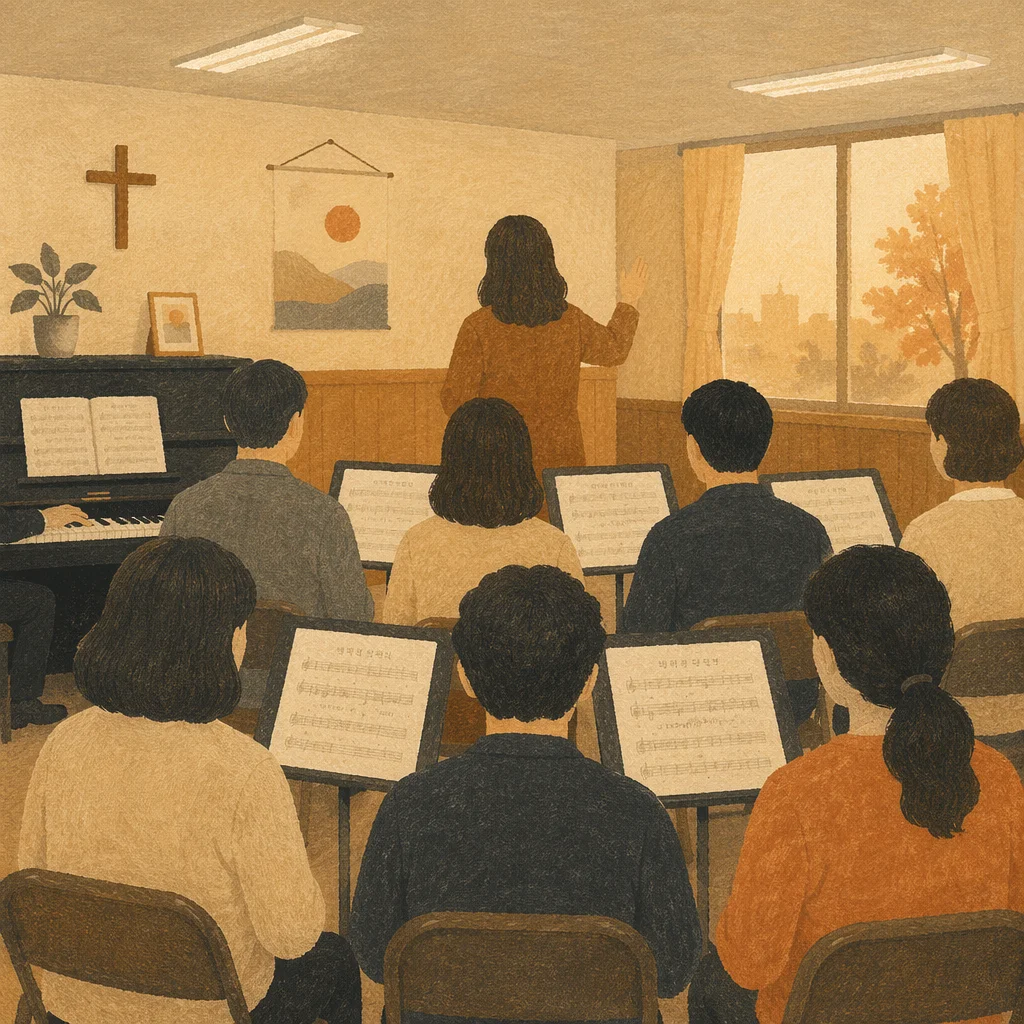 Korean Church Choir Rehearsal with Music Stands