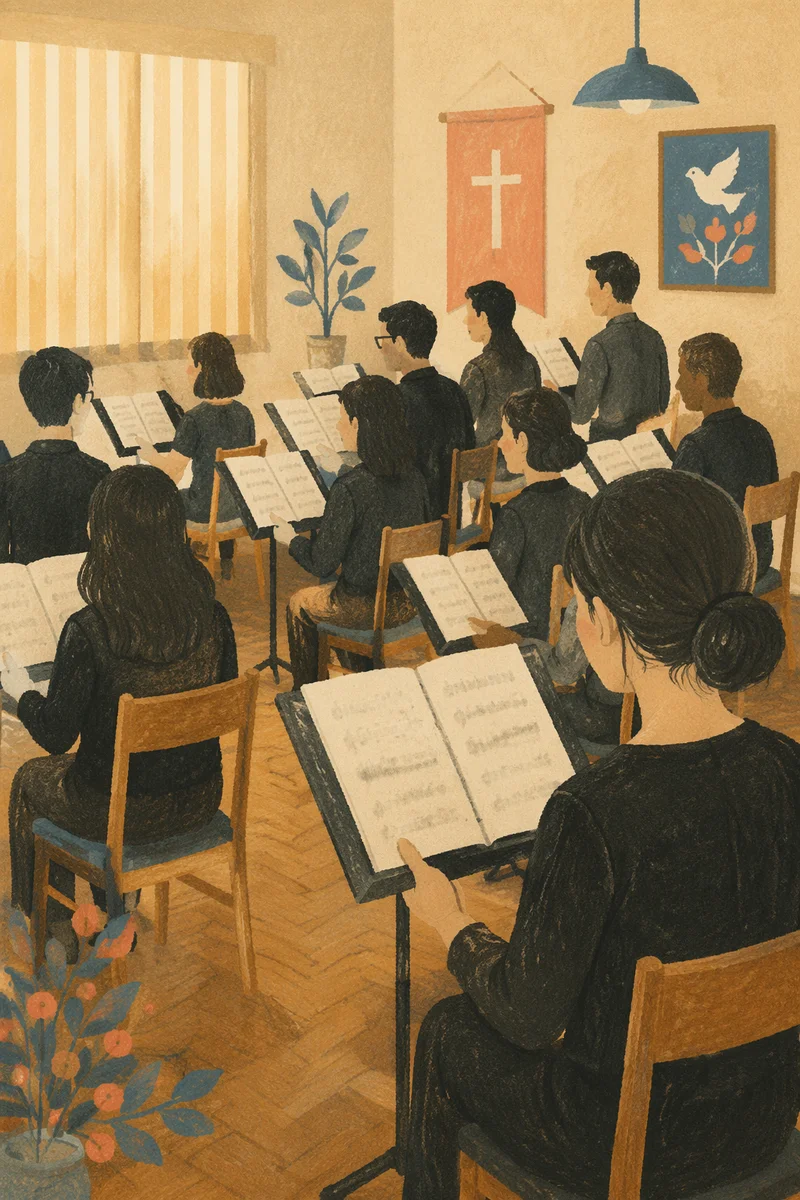 Korean Church Choir Rehearsal with Music Stands