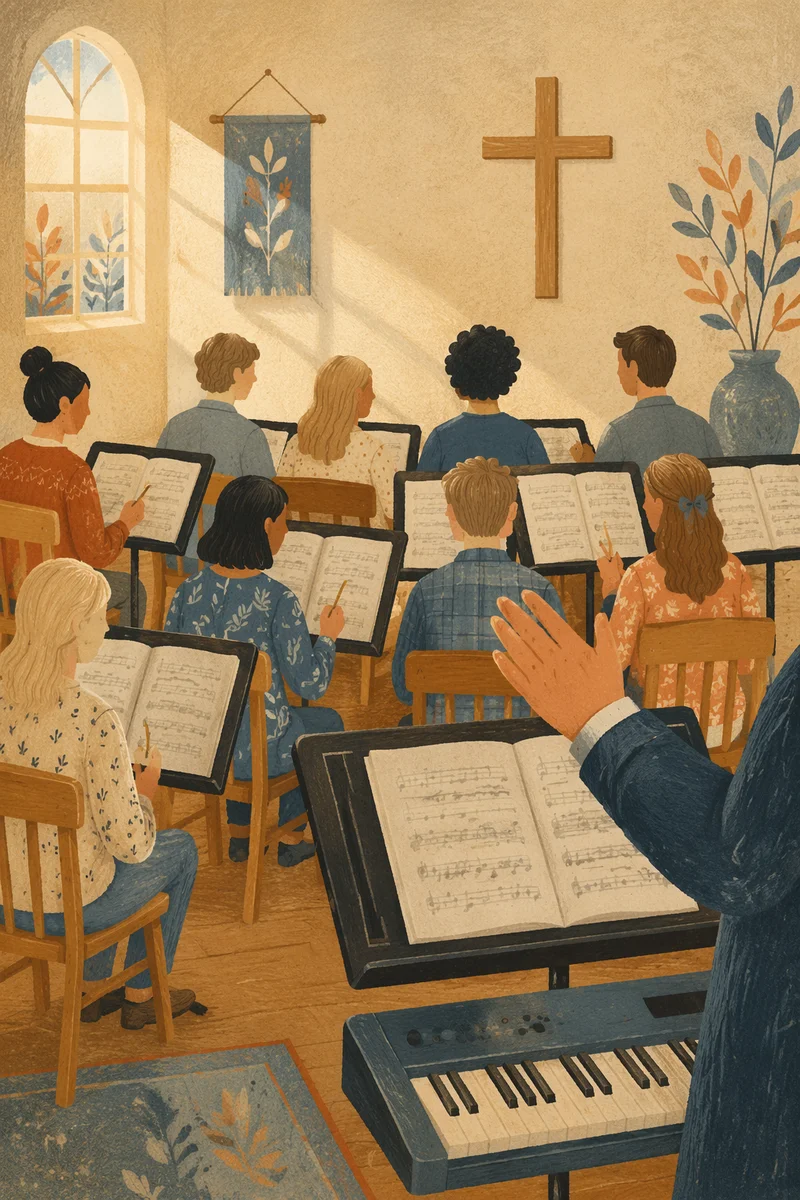 Korean Church Choir Rehearsal with Music Stands
