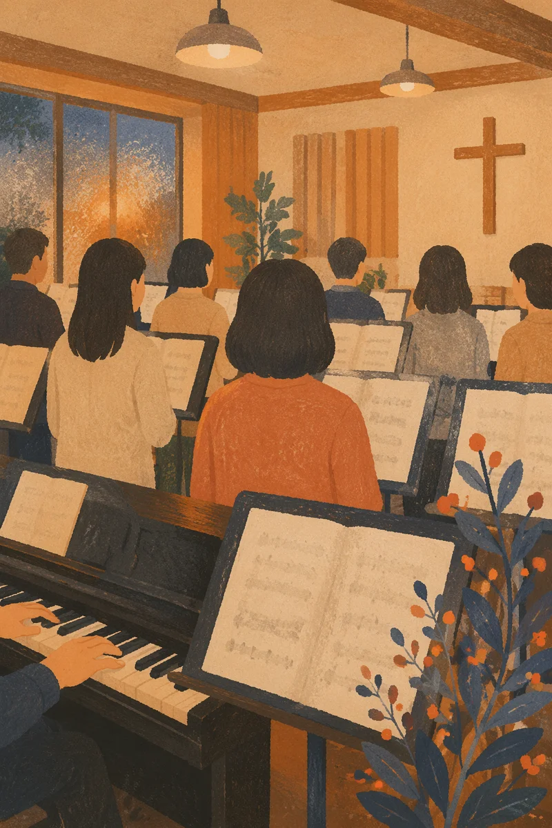 Korean Church Choir Rehearsal with Music Stands