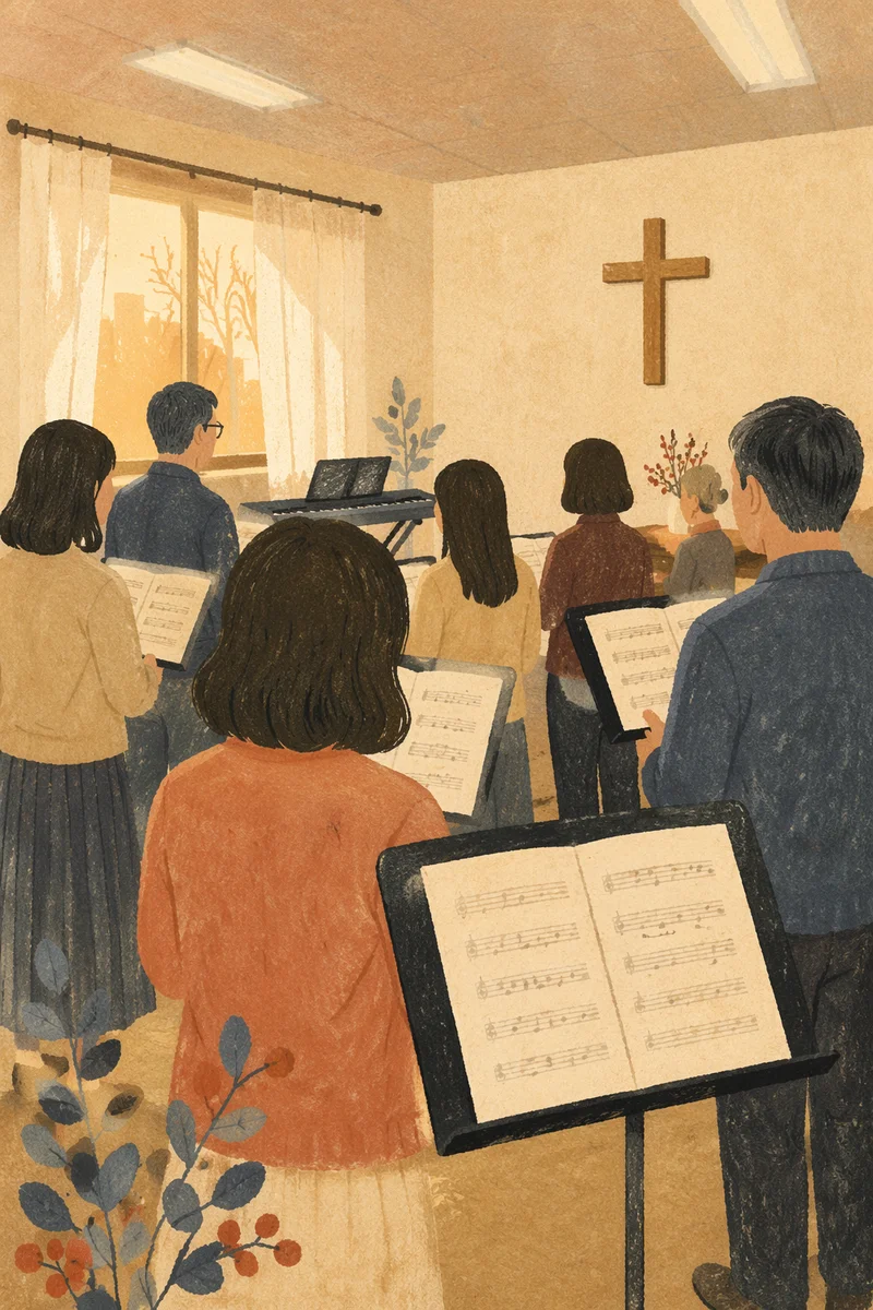 Korean Church Choir Rehearsal with Music Stands