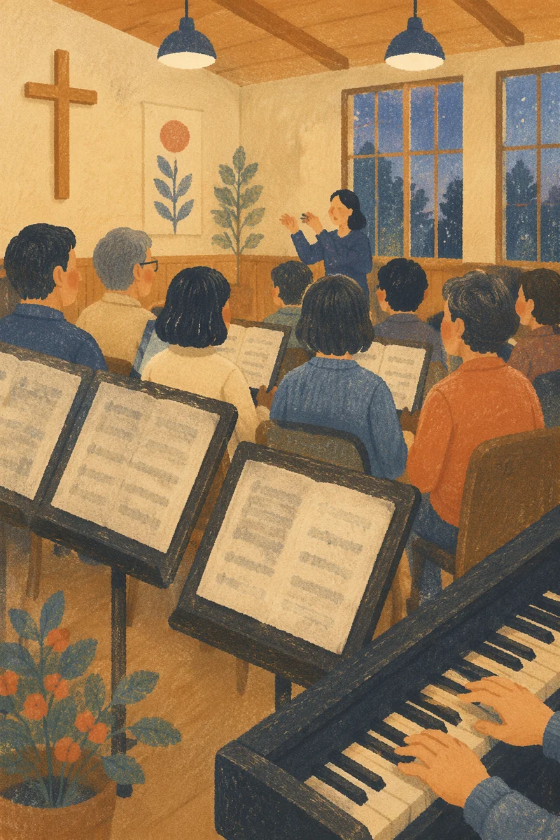 Korean Church Choir Rehearsal with Music Stands