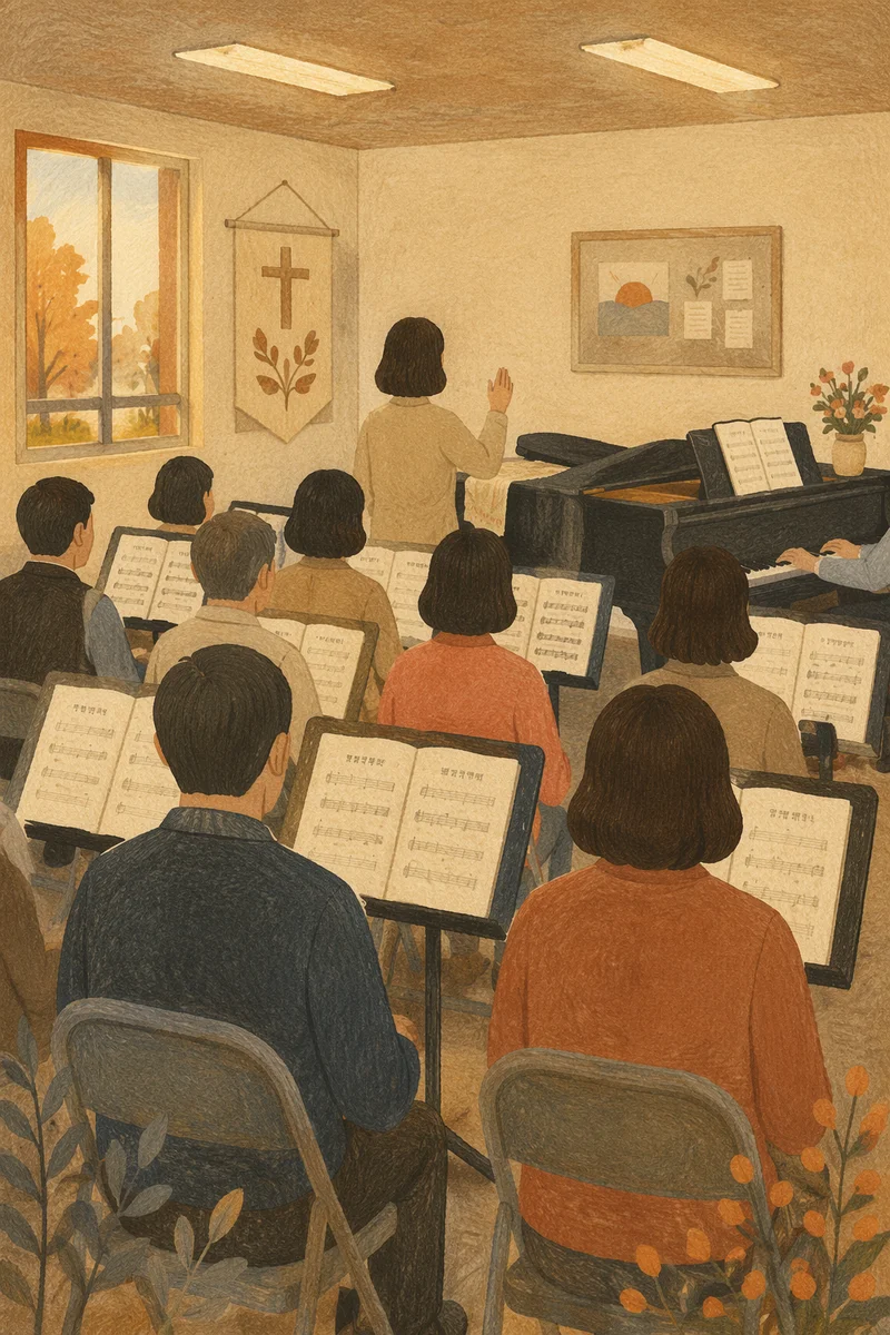 Korean Church Choir Rehearsal With Music Stands
