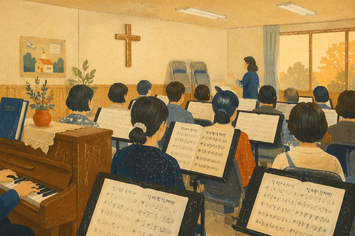 Korean Church Choir Rehearsal with Music Stands