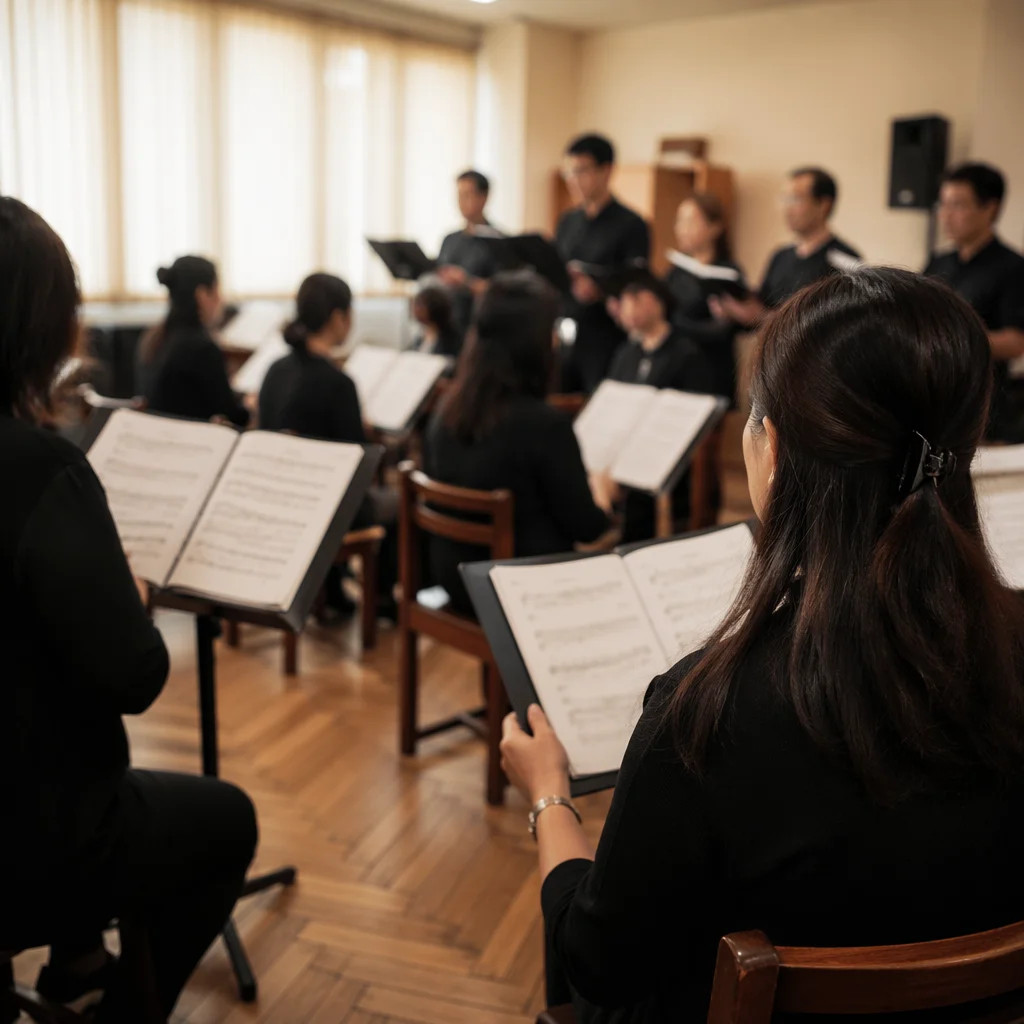 Korean Church Choir Rehearsal with Music Stands