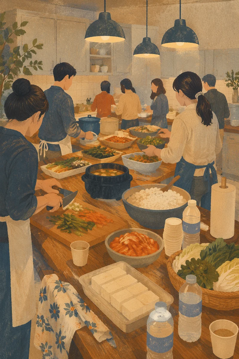 Korean Church Fellowship Meal Preparation Scene