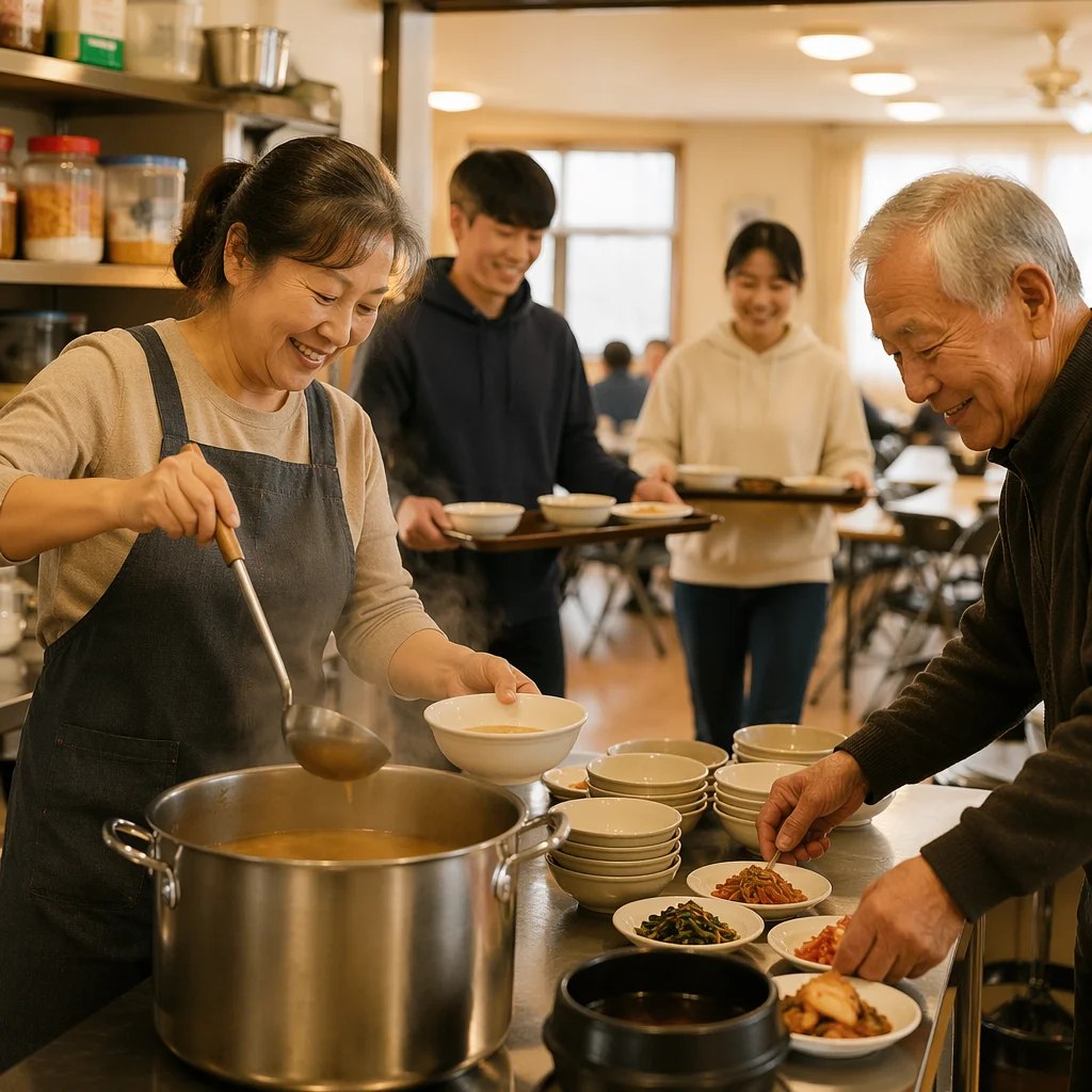 Volunteers Serving Meal in Church Kitchen
