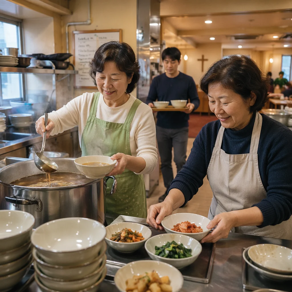 Volunteers Serving Meal in Church Kitchen