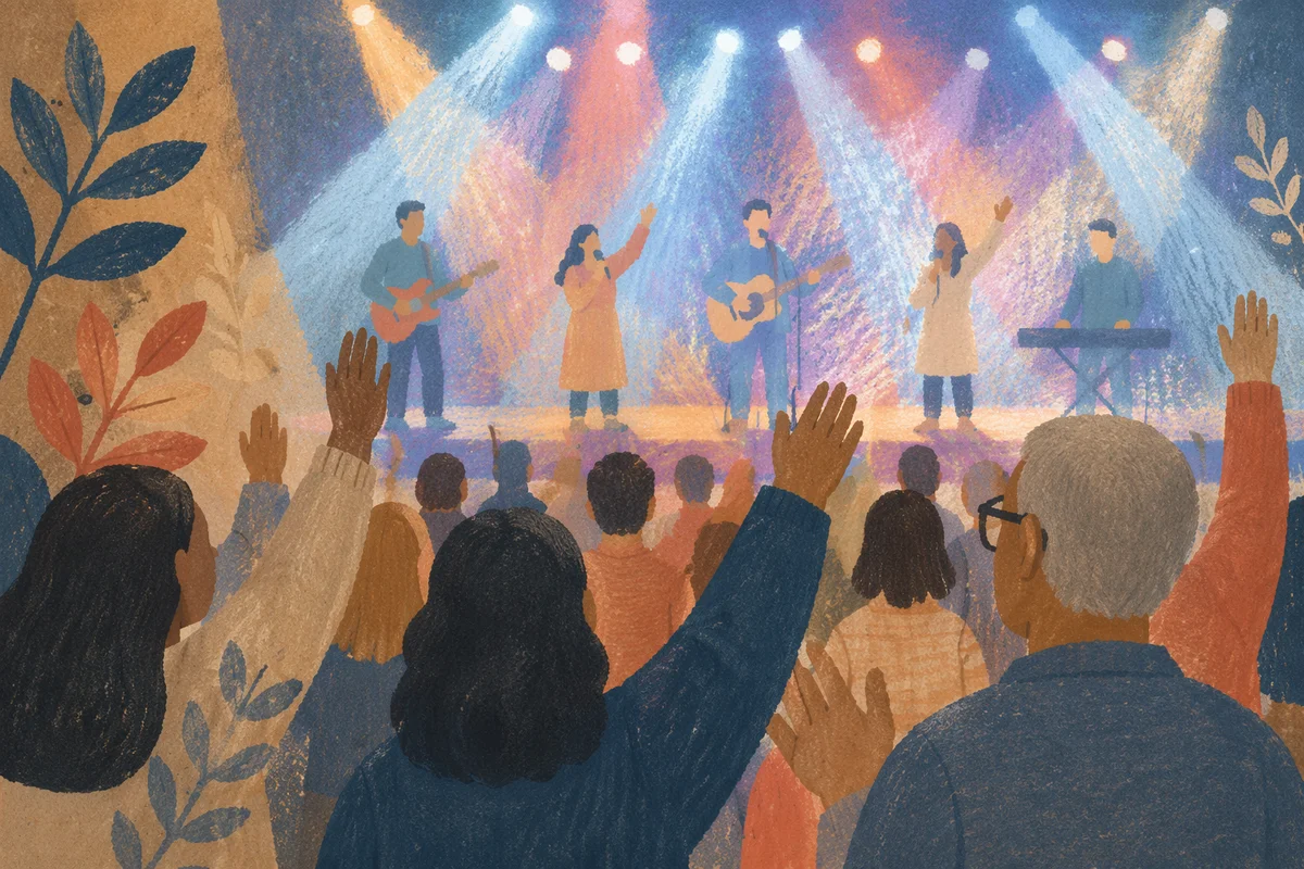 Raised Hands Facing Church Stage Lights