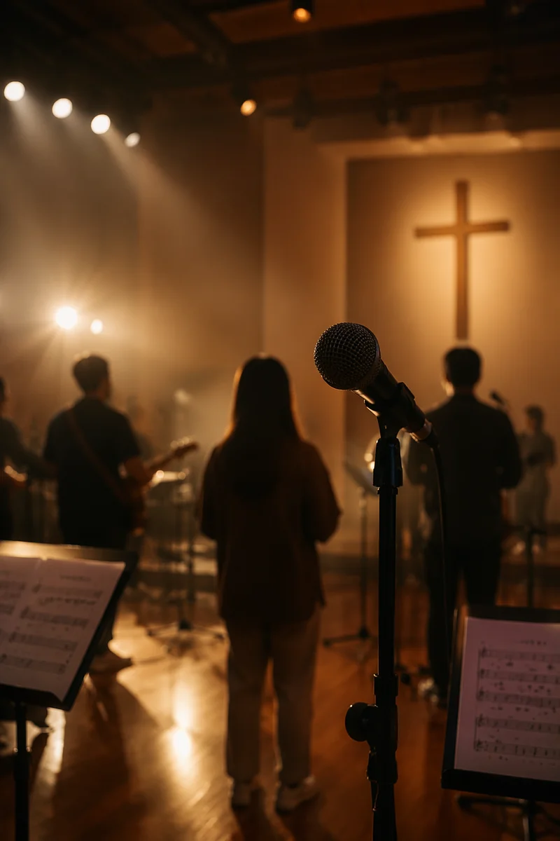 Microphone on Church Stage with Silhouettes