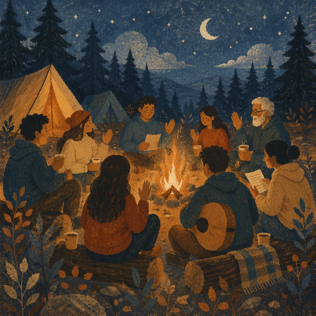 Campfire Gathering in Pine Clearing at Night