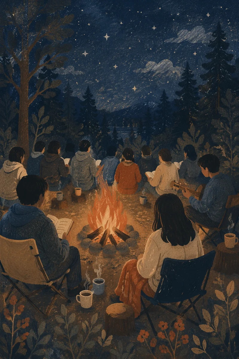 Campfire Gathering in Forest at Night