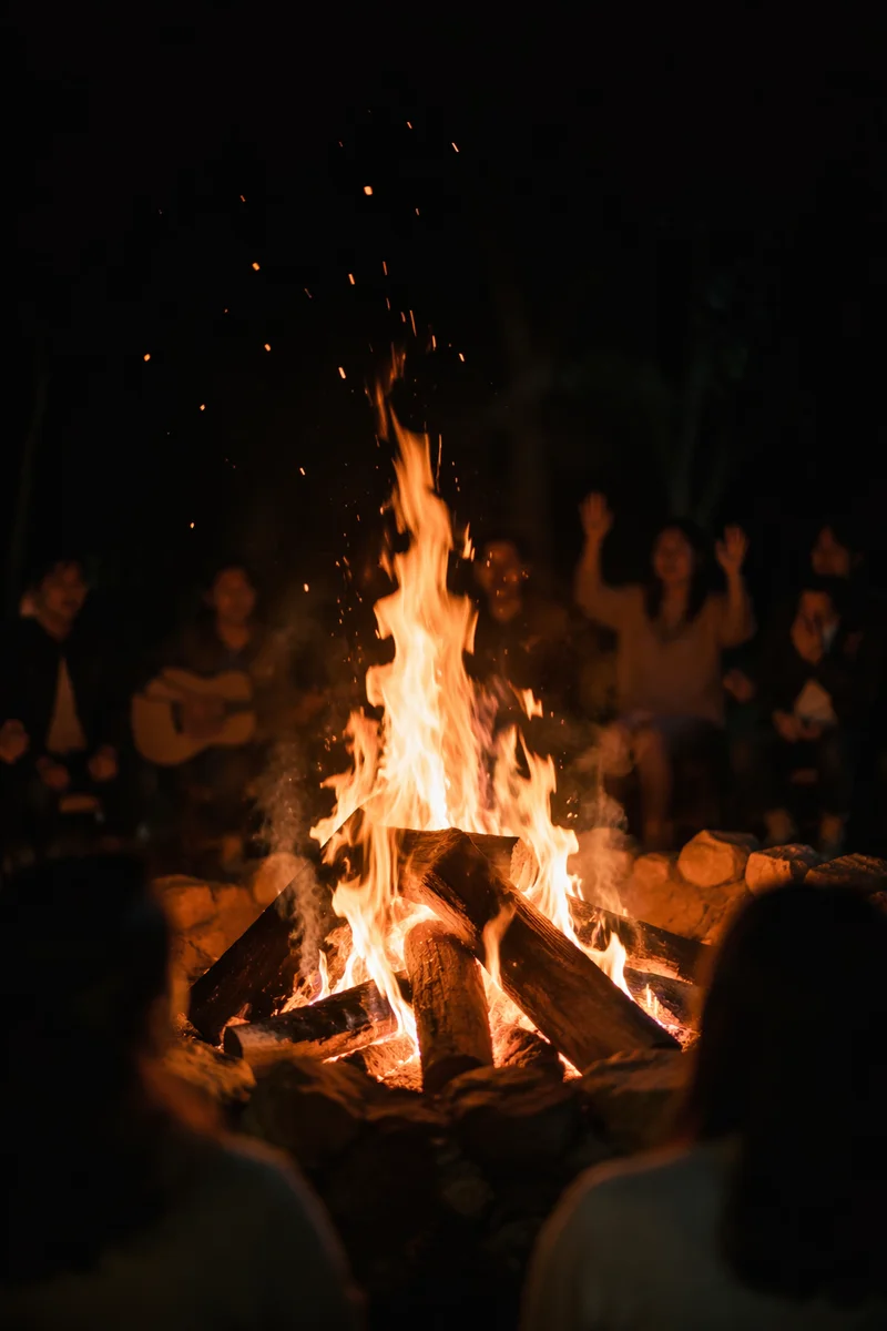 Campfire Flames at Night Gathering