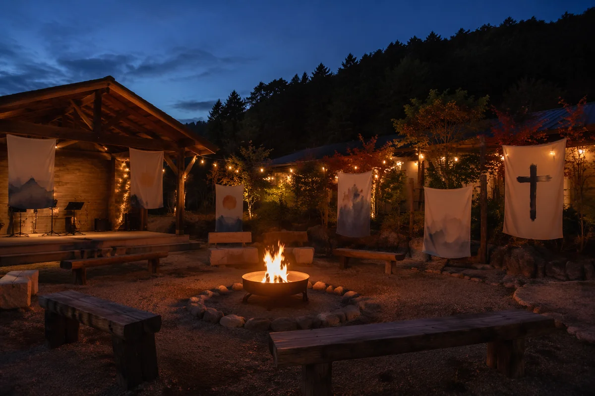 Outdoor Campfire Circle at Blue Hour