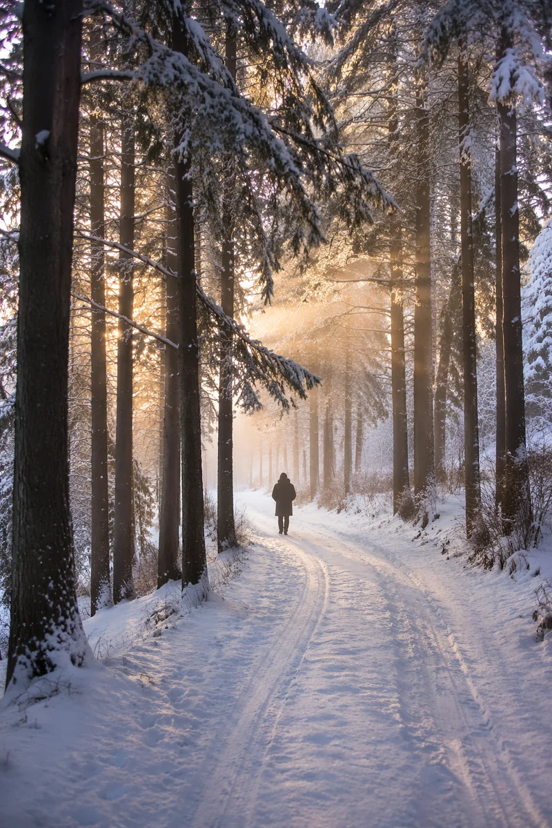 Early Morning Prayer Walk Through Snowy Forest
