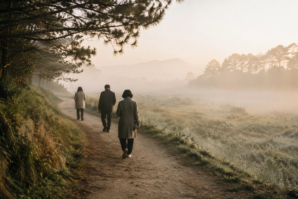 Early Morning Prayer Walk Through Misty Woods
