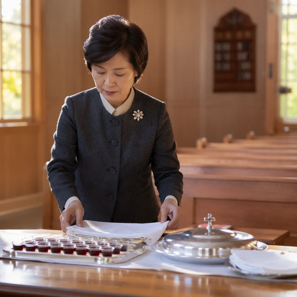 Korean Deaconess Preparing Communion Table