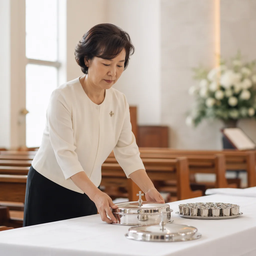 Korean Deaconess Arranging Communion Table