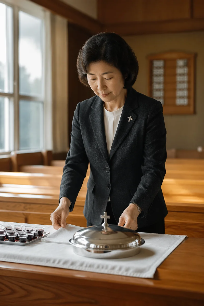 Korean Deaconess Preparing Communion Table