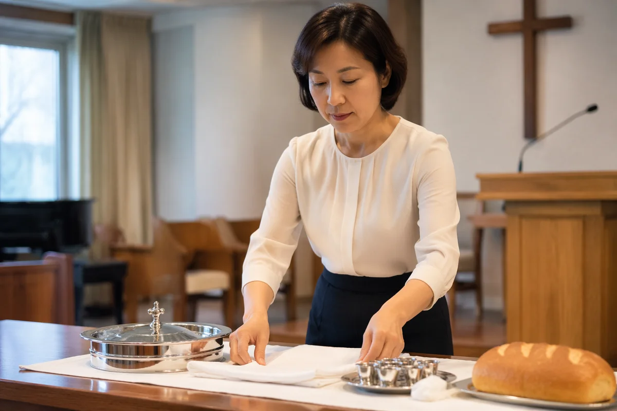 Korean Deaconess Preparing Communion Table