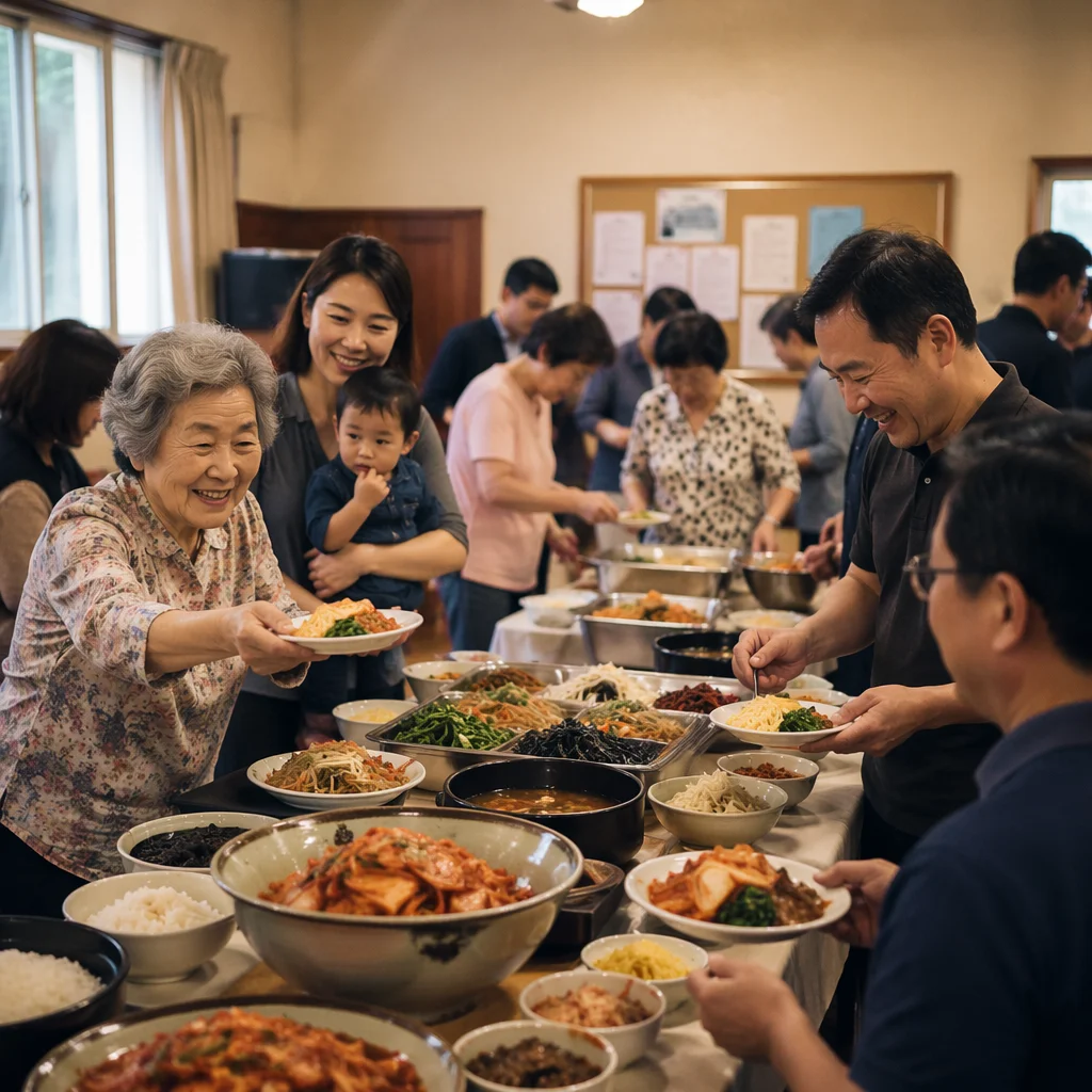 Korean Potluck Table in Church Hall