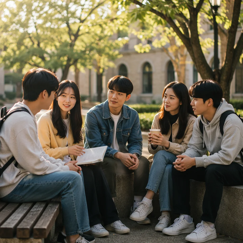 Korean College Students in Campus Courtyard
