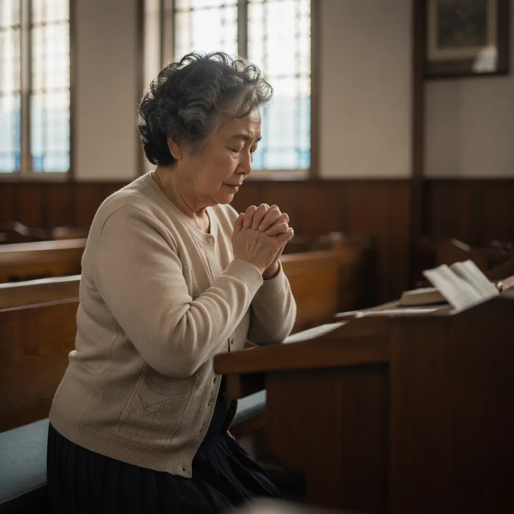 Elderly Korean Woman Praying in Church