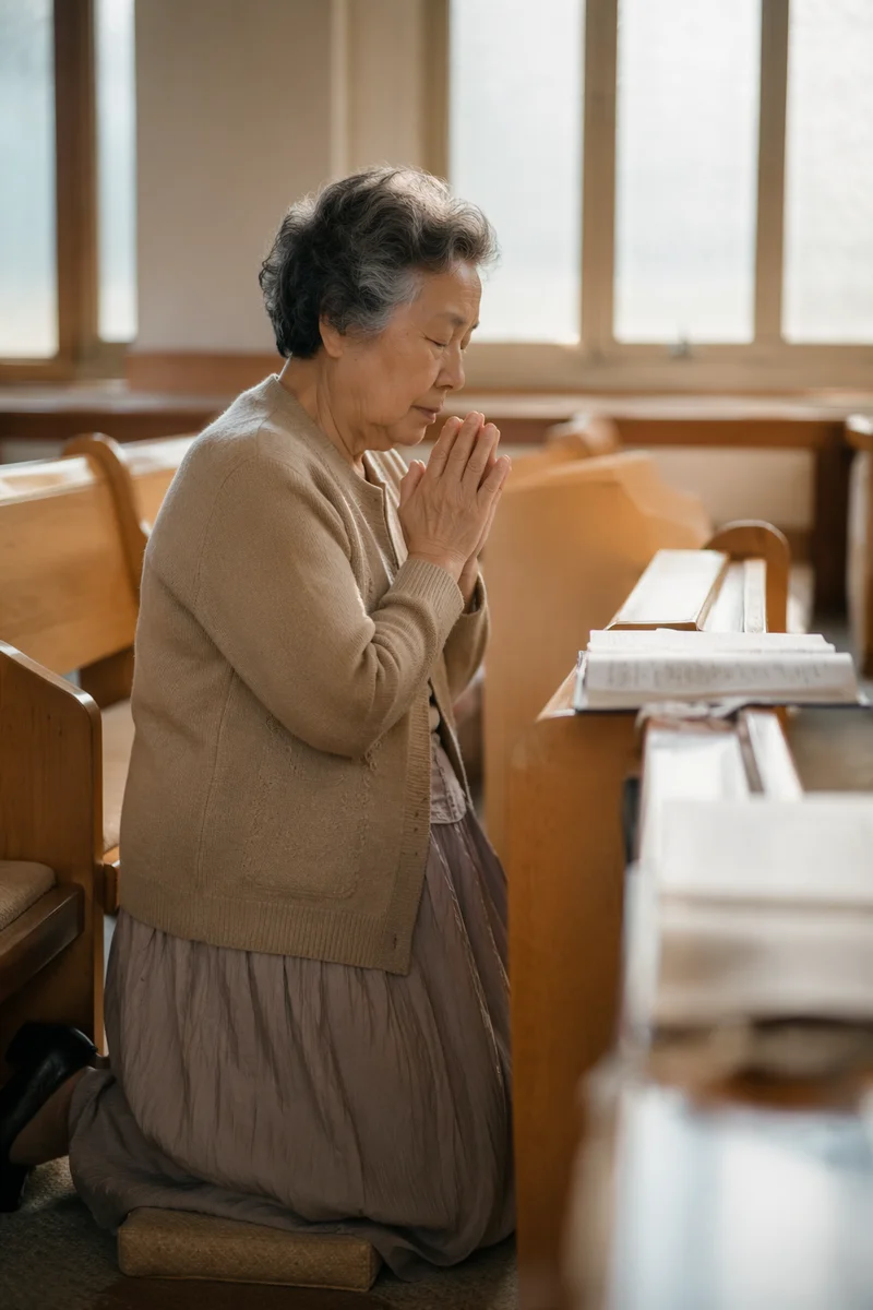 Elderly Korean Woman Praying in Church Pew